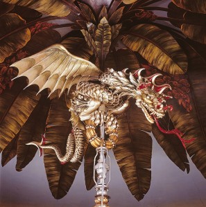 Painted dragon holding up the central chandelier in the main dining hall